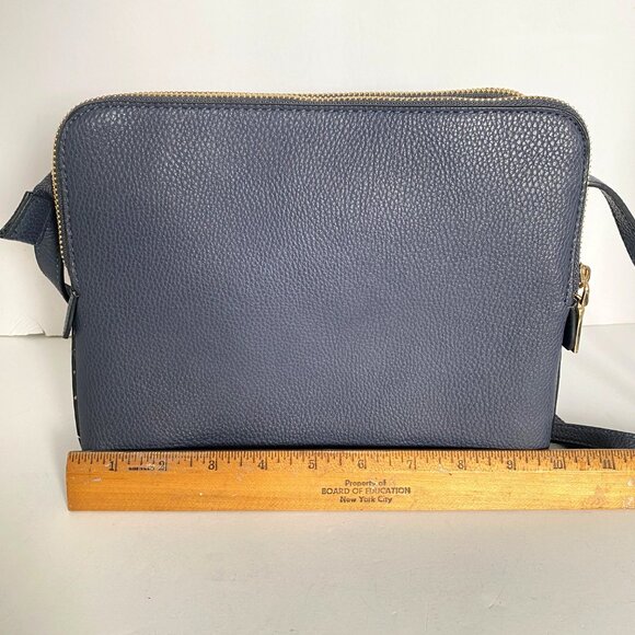 Navy Blue Pleather Crossbody Purse Multi Section Adj Strap Gold Tone Zippers - Picture 12 of 14